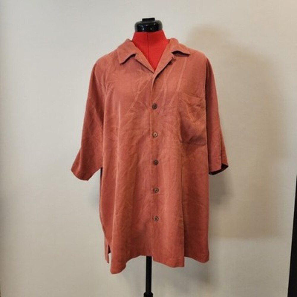 Tommy Bahama 100% Silk Short Sleeve Tropical Leaf Print Shirt Rust Orange Size L